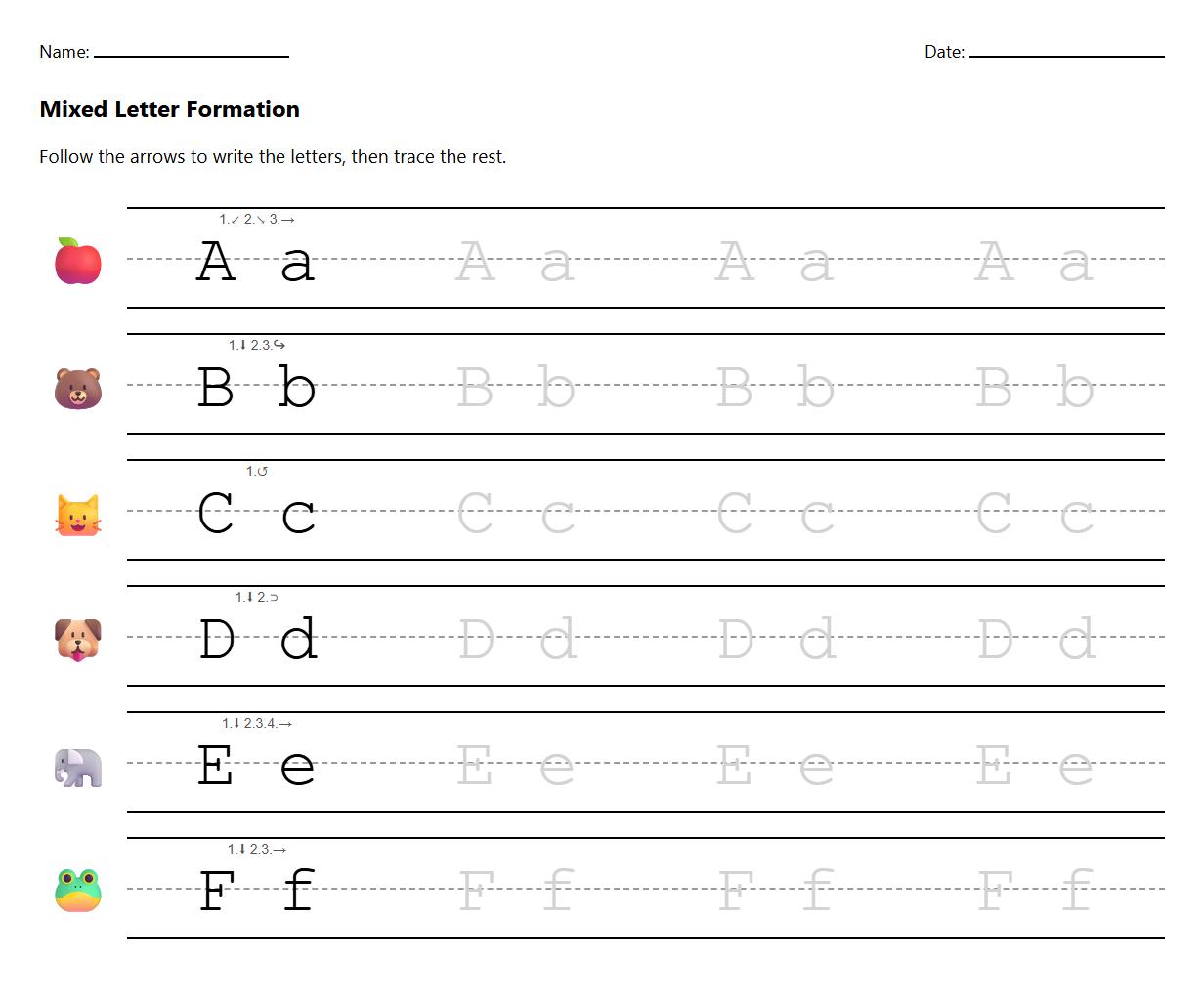 Mixed Letter Formation Practice with Guided Arrows
