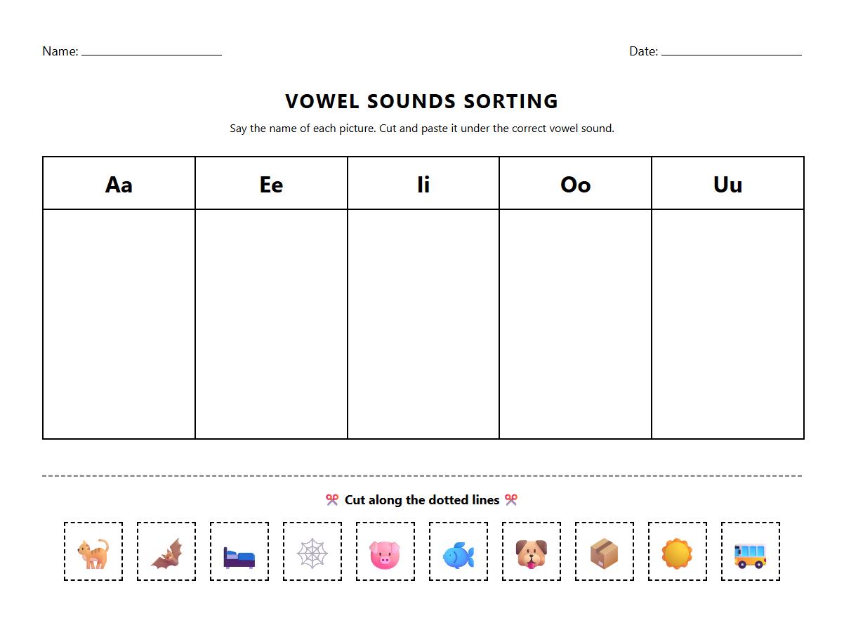 Mixed Vowel Sounds Sorting Task for Kindergarten