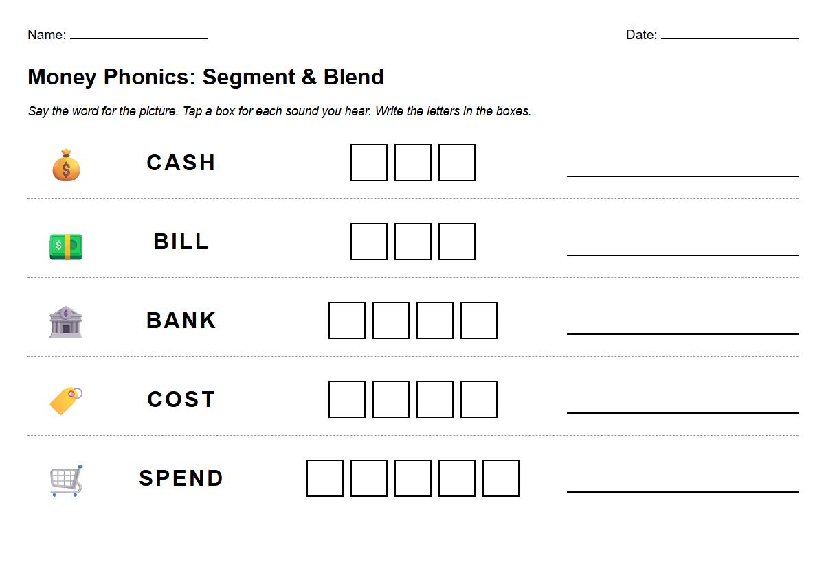 Money Word Blending and Segmenting Worksheet