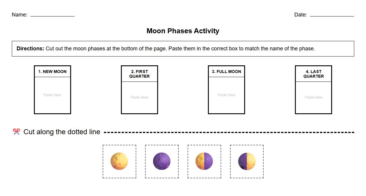 Moon Phases Cut and Paste Activity Worksheet