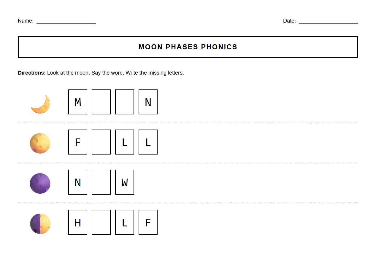 Moon Phases Phonics Spelling Worksheet