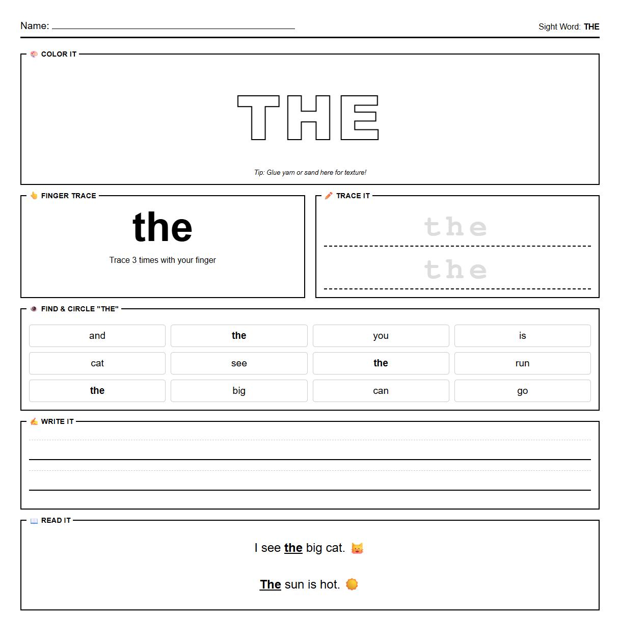 Multi Sensory Sight Words Coloring Worksheets