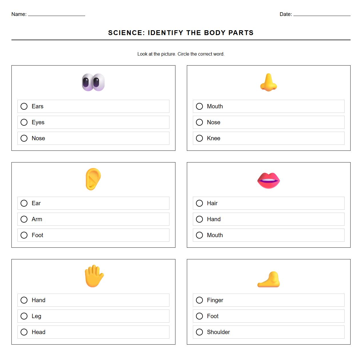 Multiple Choice Worksheet for body parts recognition
