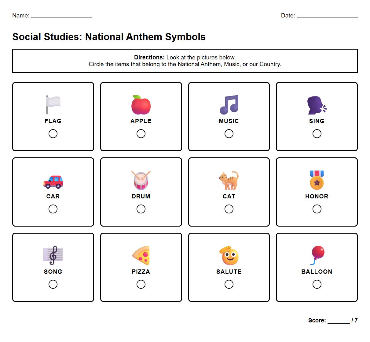 National Anthem Symbol Picture Selection Worksheet for Kindergarten