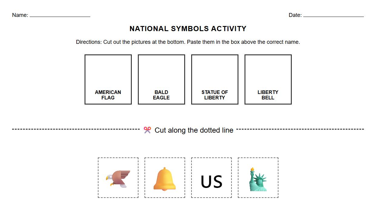 National Symbols Sequencing Cut and Paste Activity Sheet