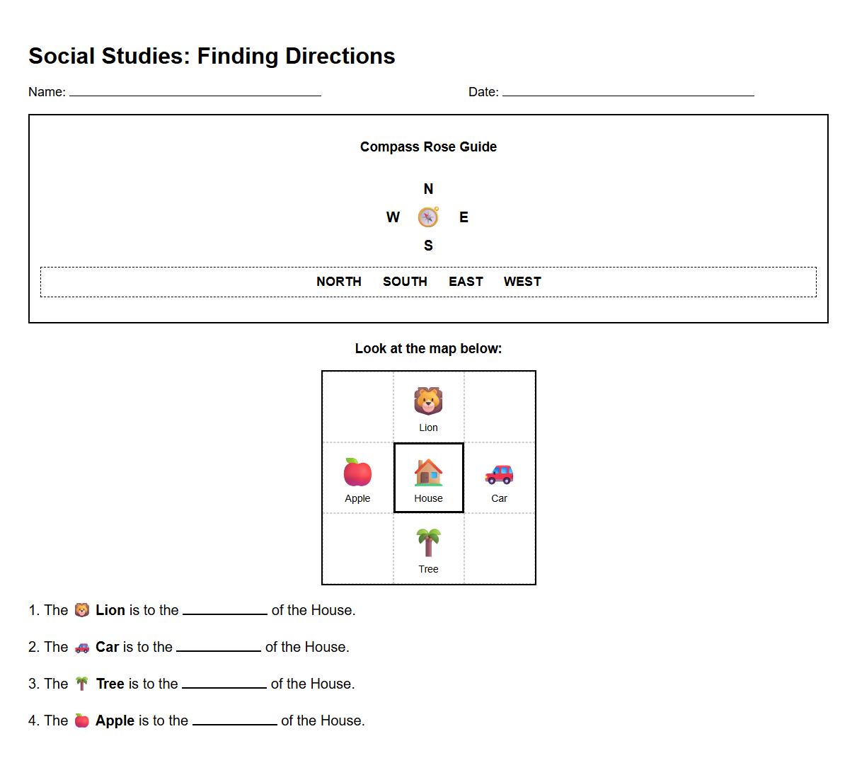 North South East West Direction Identification Worksheet