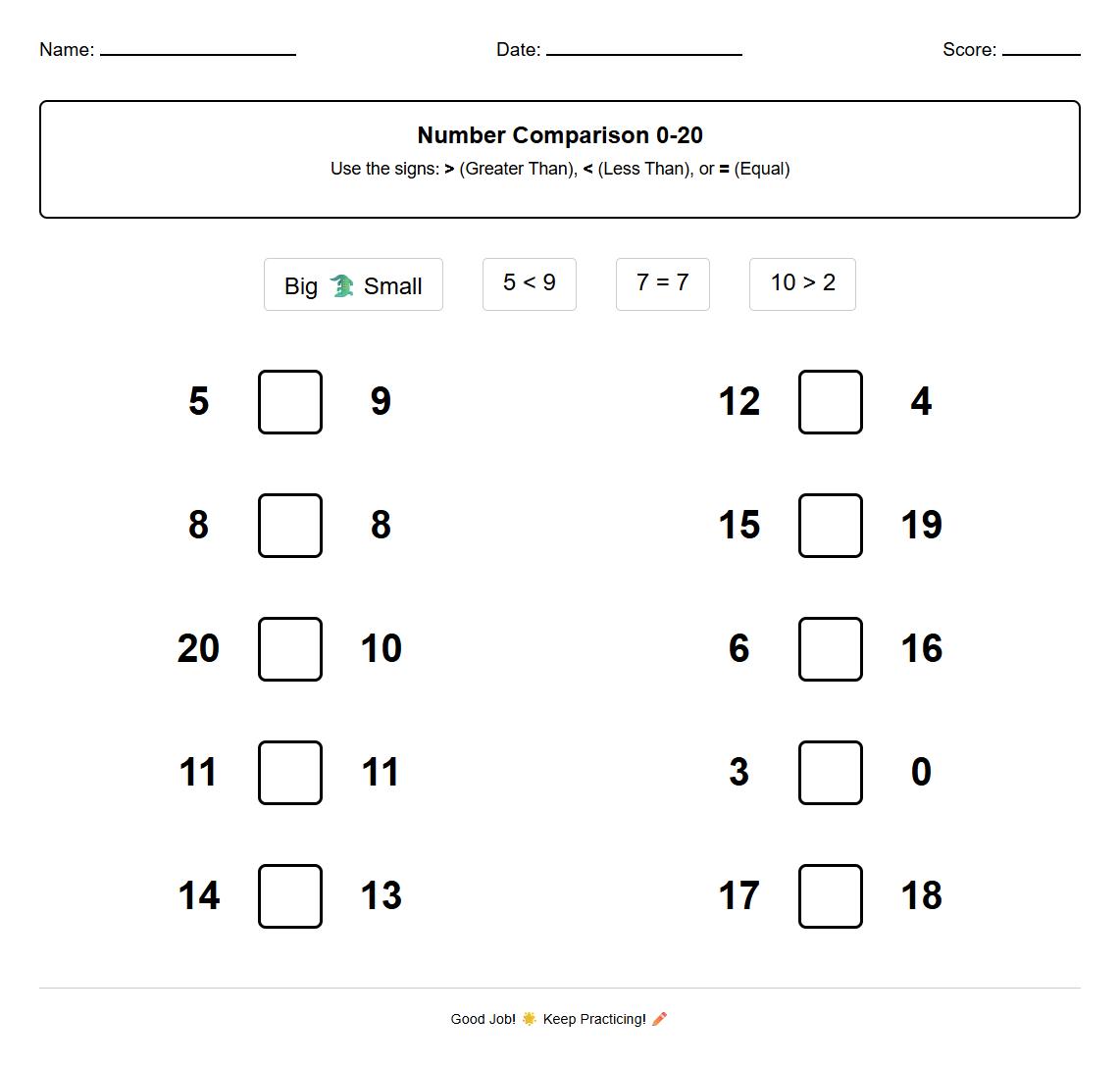 Number Comparison Worksheet Greater Than Less Than 0 to 20