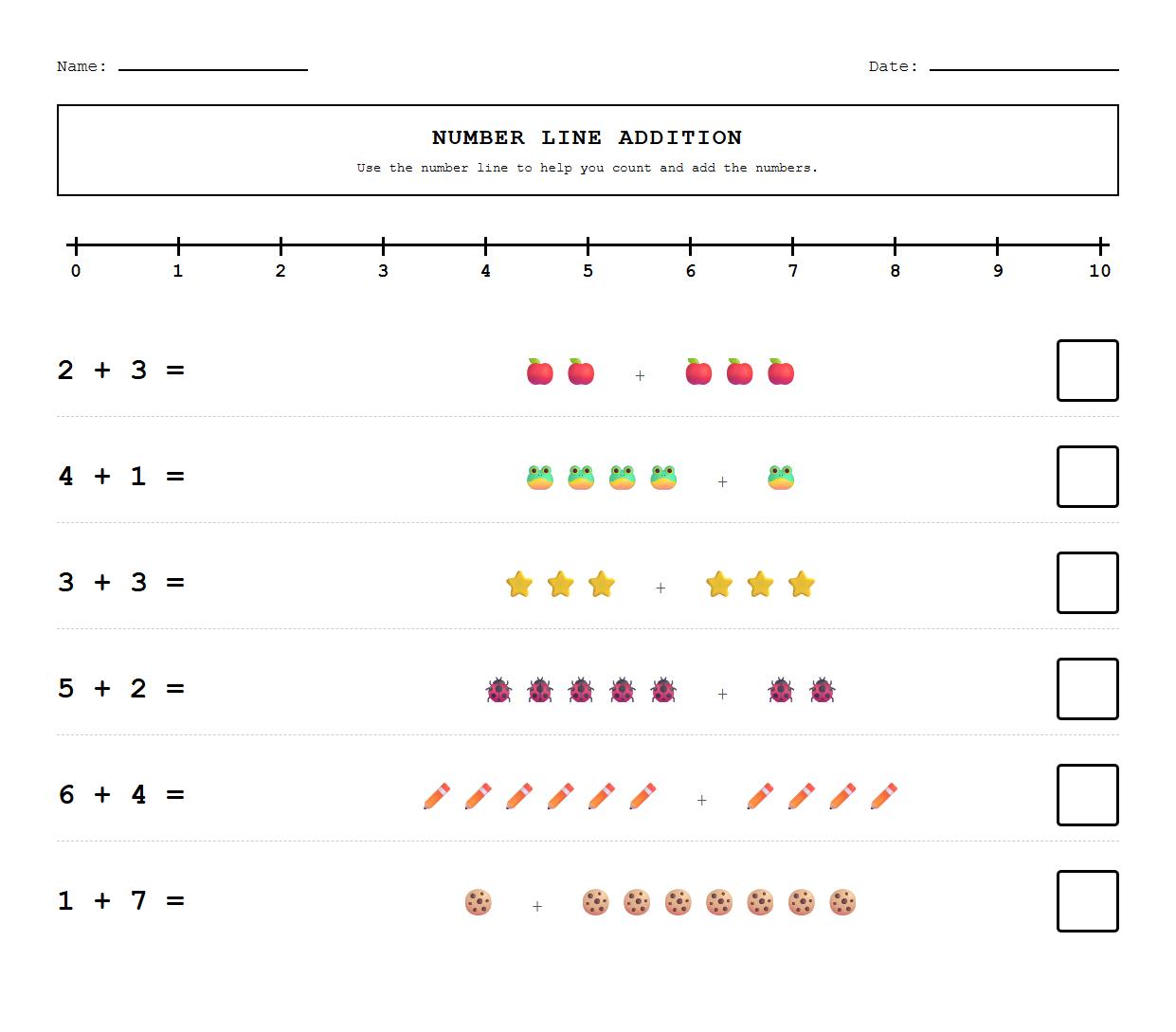Number Line Addition Worksheet to support counting strategies