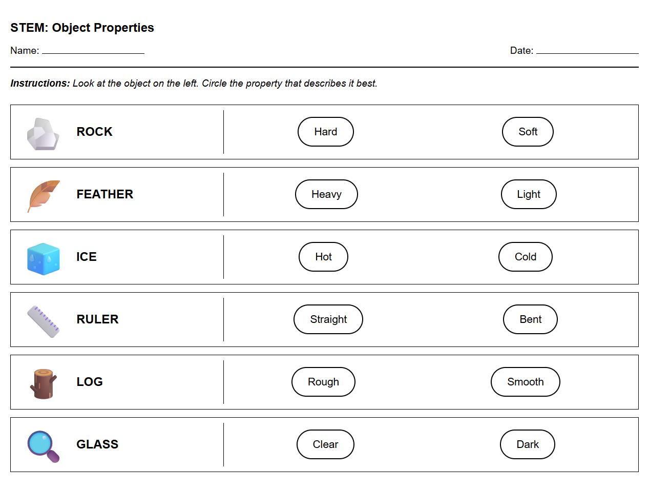 Object Property Analysis STEM Worksheet