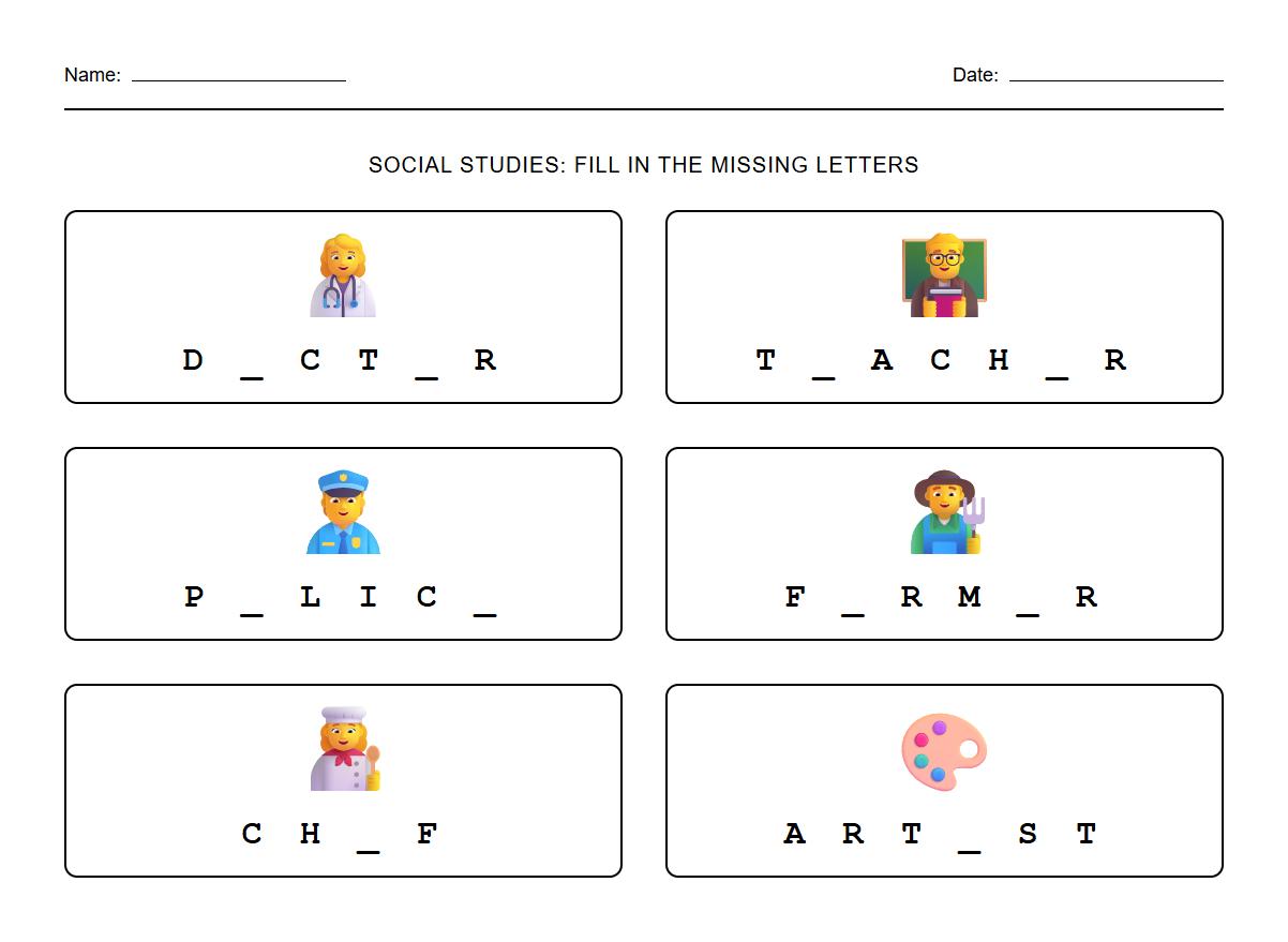 Occupation Names Phonics Gap Fill Worksheet