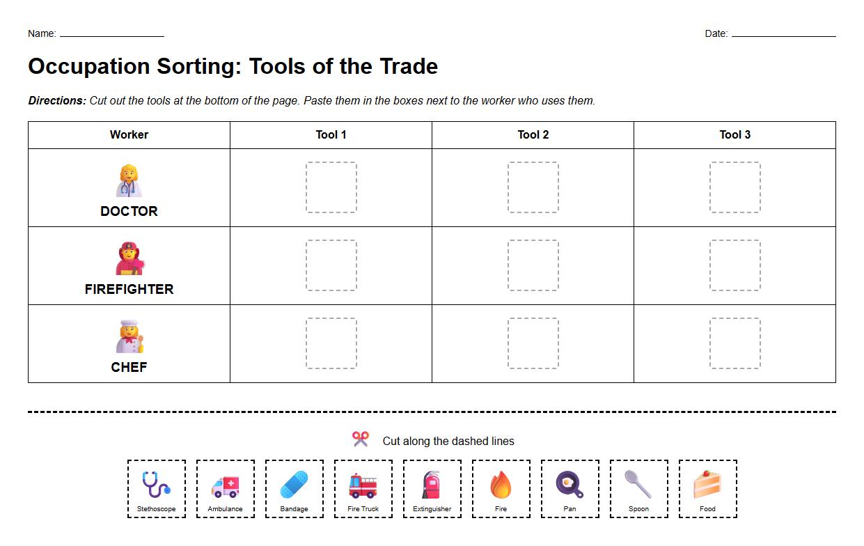Occupation Sorting by Skill Set Worksheet