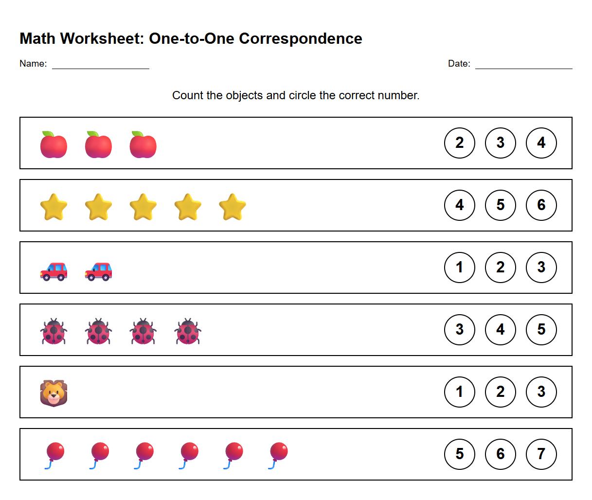One to One Correspondence Worksheet for Number Recognition