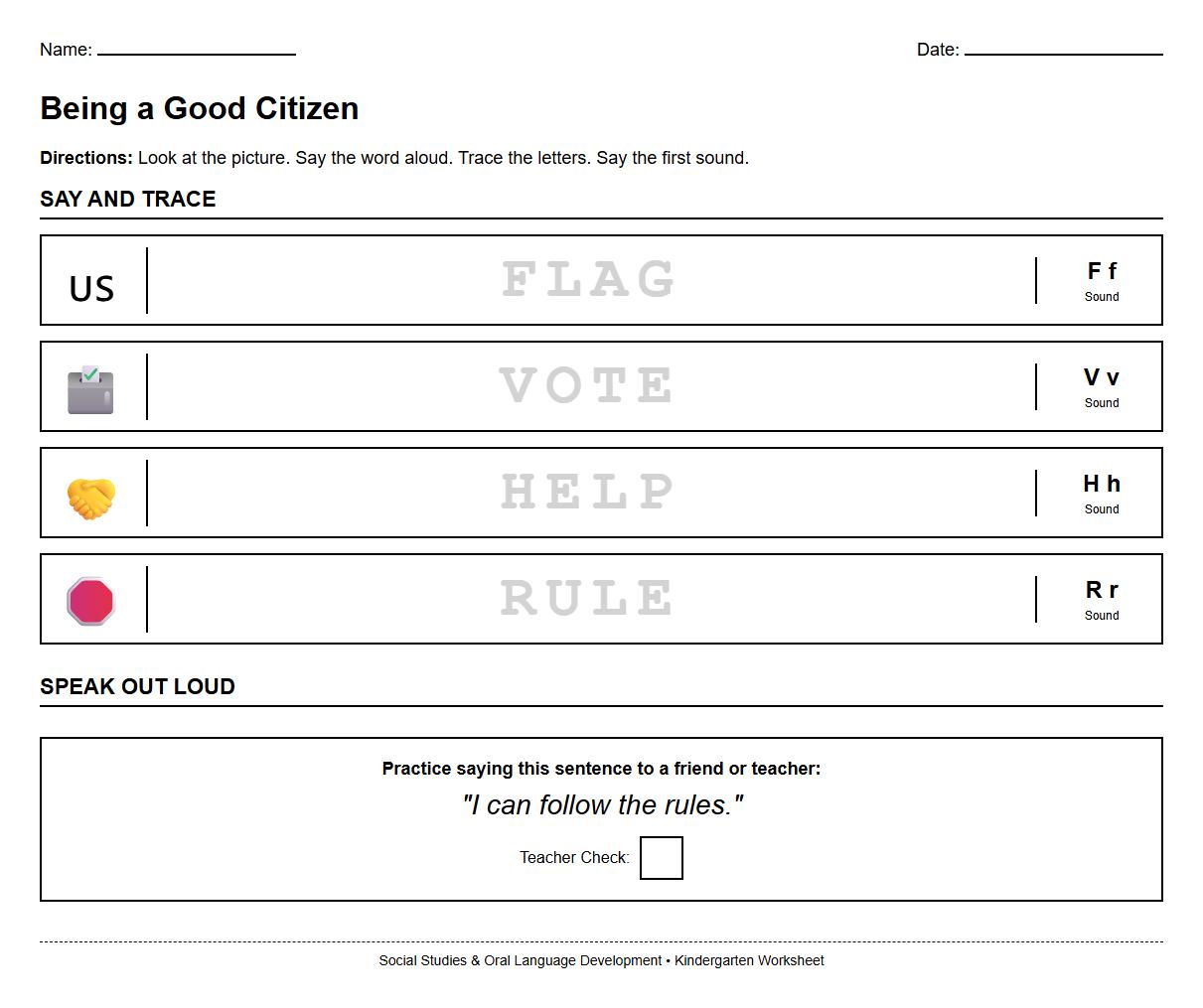 Oral Language Development worksheet focusing on Citizenship Vocabulary and Phonics practice