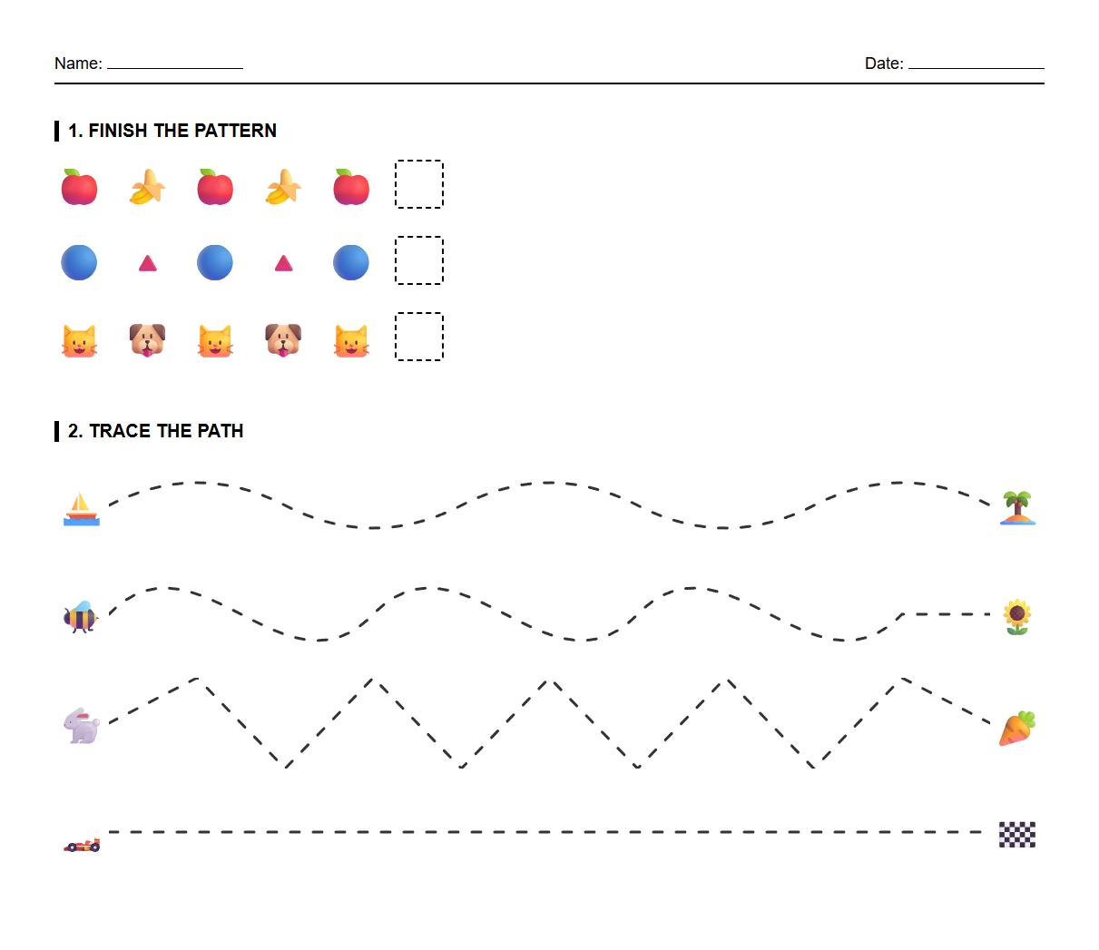 Pattern sequencing curve tracing worksheet for cognitive development