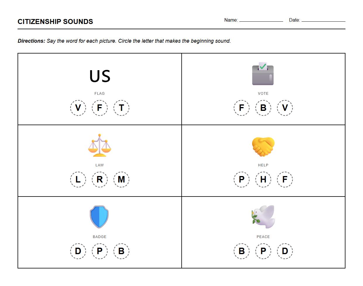 Phonemic Awareness Listening Task with Citizenship Vocabulary