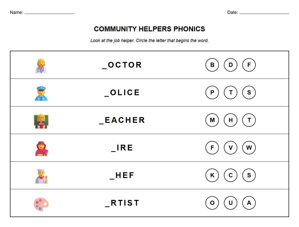 Phonics Based Job Name Identification Worksheet
