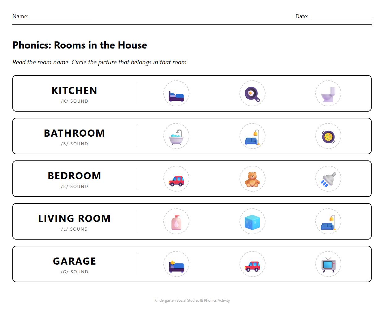 Phonics Based Room Identification Worksheet
