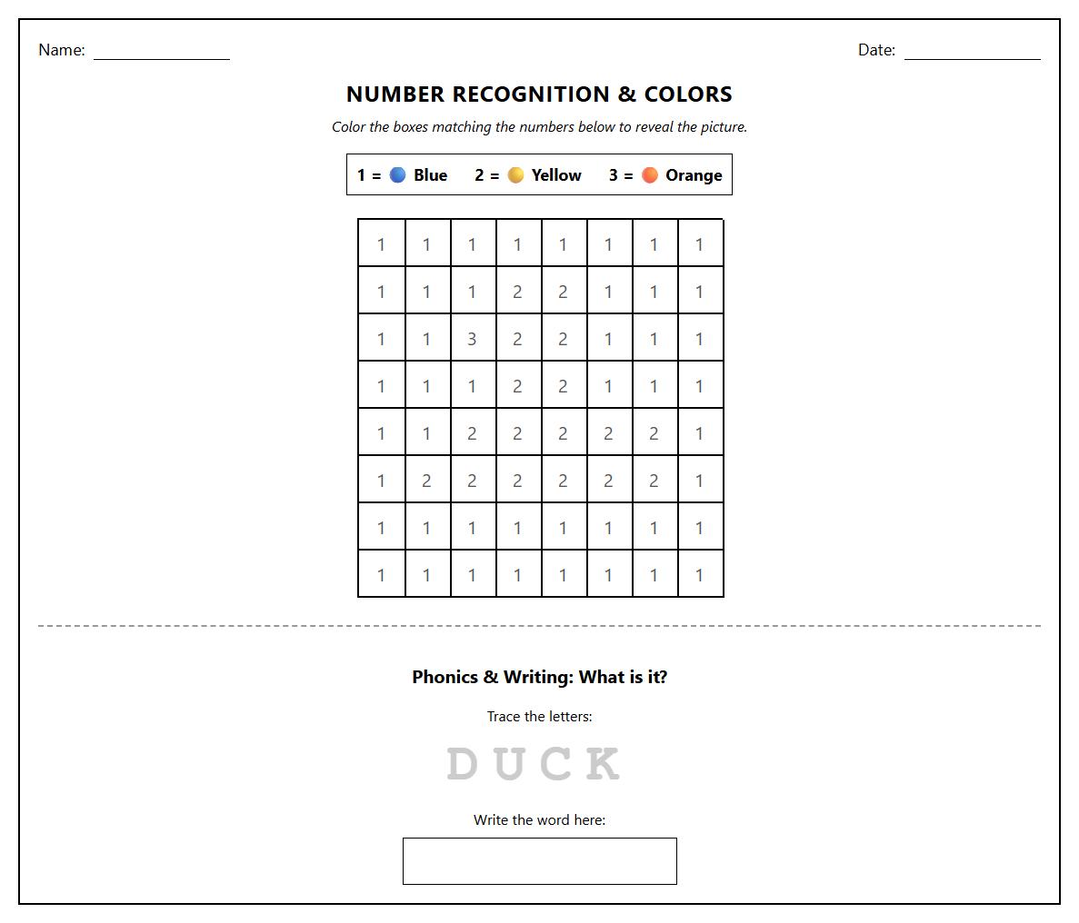 Phonics Color by Number Worksheet for Number Recognition