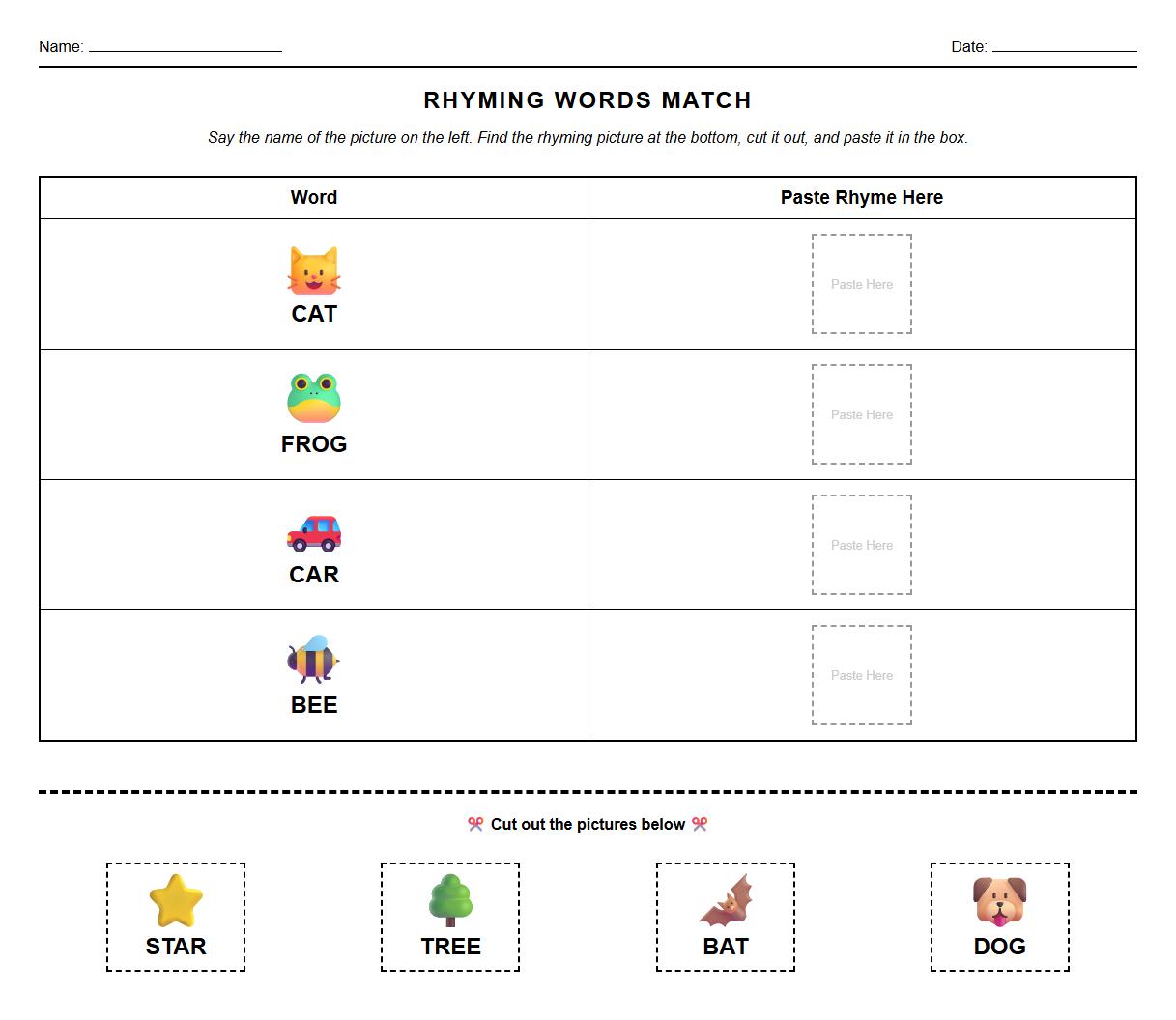 Phonics Cut and Paste Rhyming Syllables Worksheet