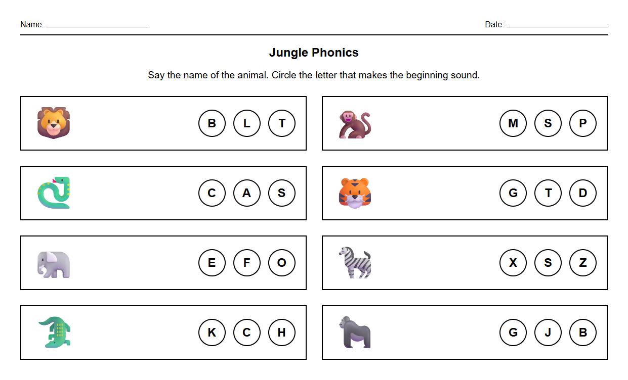 Phonics worksheet categorizing jungle animals using beginning sounds