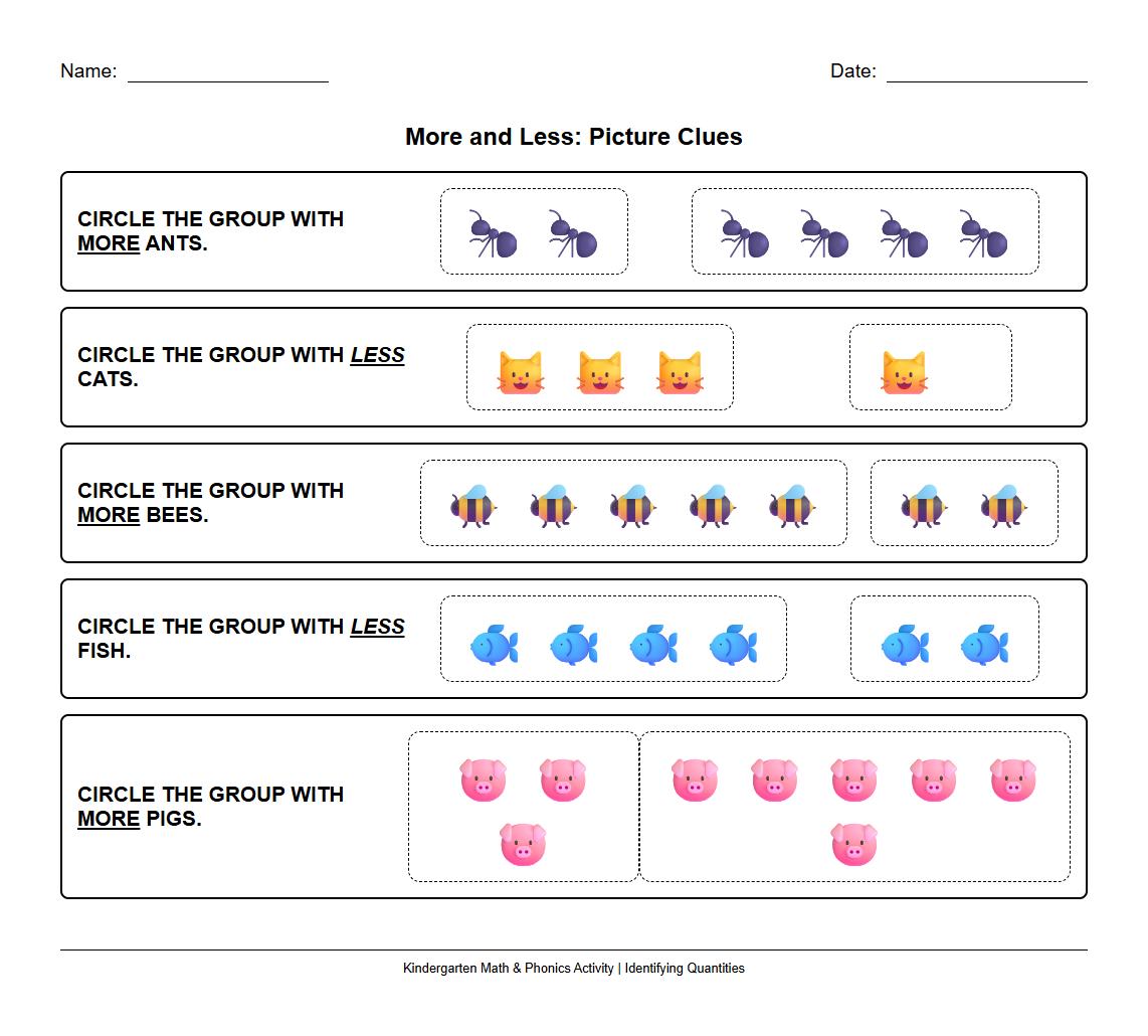 Phonics Worksheet Identifying More and Less Using Picture Clues