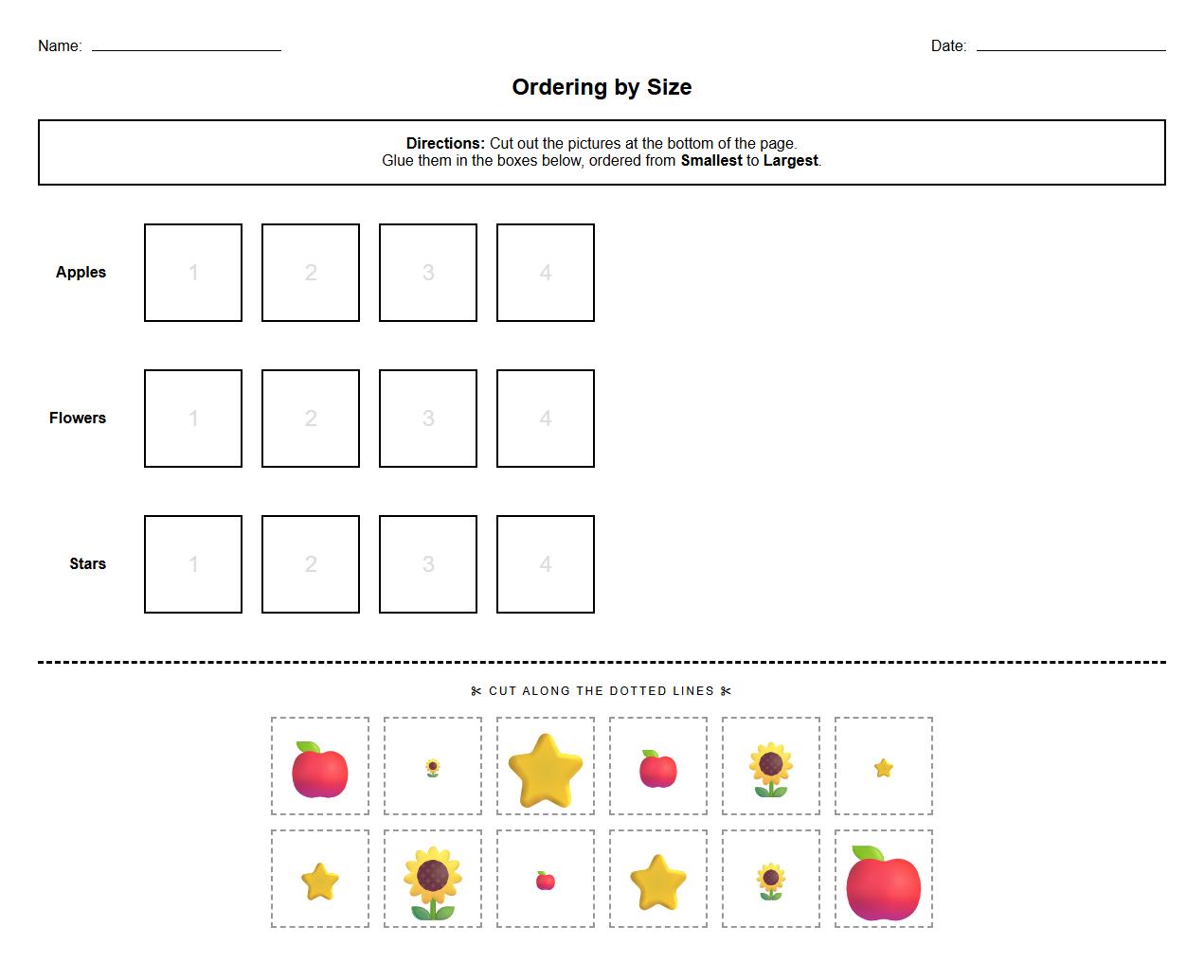 Picture Card Size Sequencing Worksheet