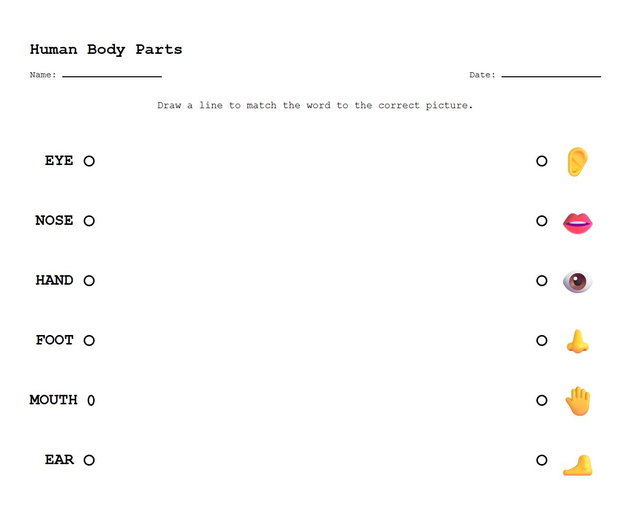 Picture Matching Worksheet focusing on human body parts