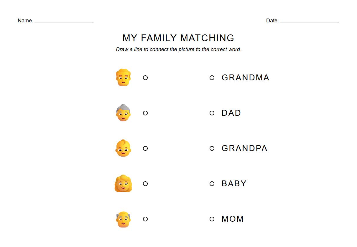 Picture and Name Matching Phonics Worksheet for Family Members
