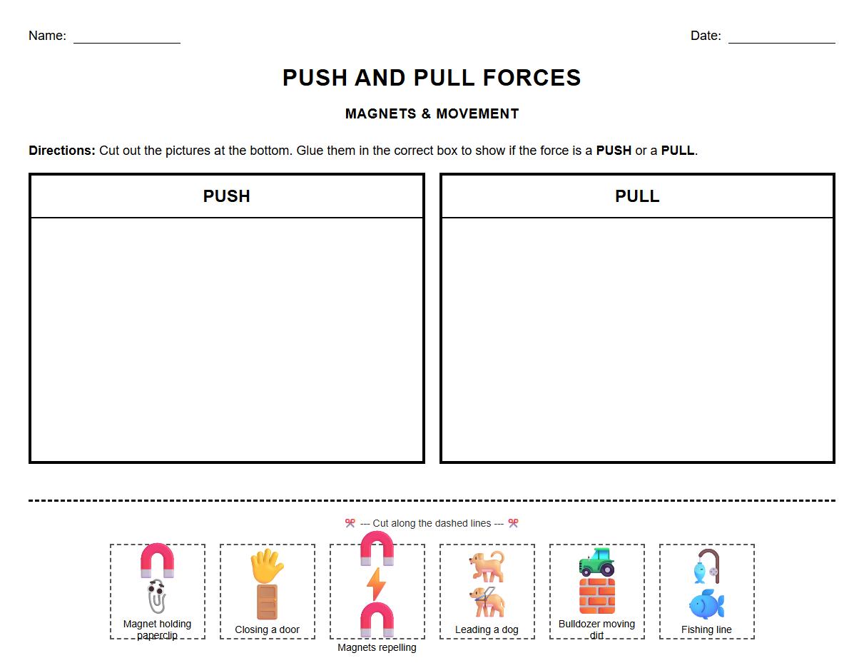 Push and Pull Forces with Magnets Categorization Worksheet