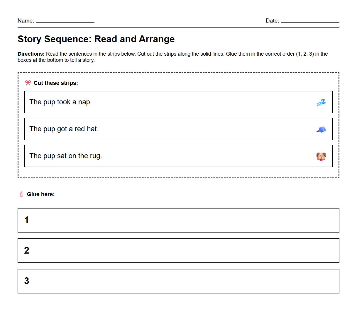 Reading and Arranging Story Strips Phonemic Awareness Worksheet