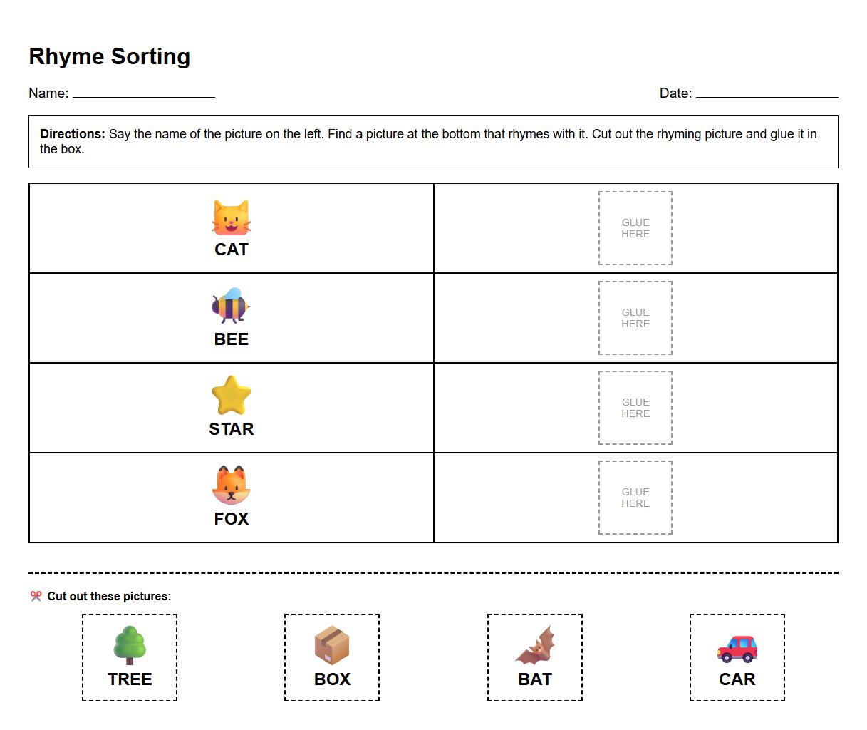 Rhyme Sorting Activity for Phonological Processing