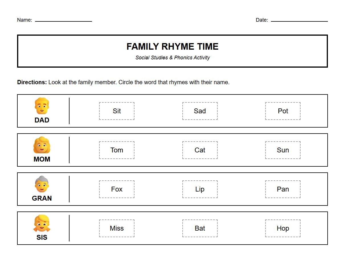 Rhyming Family Member Names Phonics Worksheet