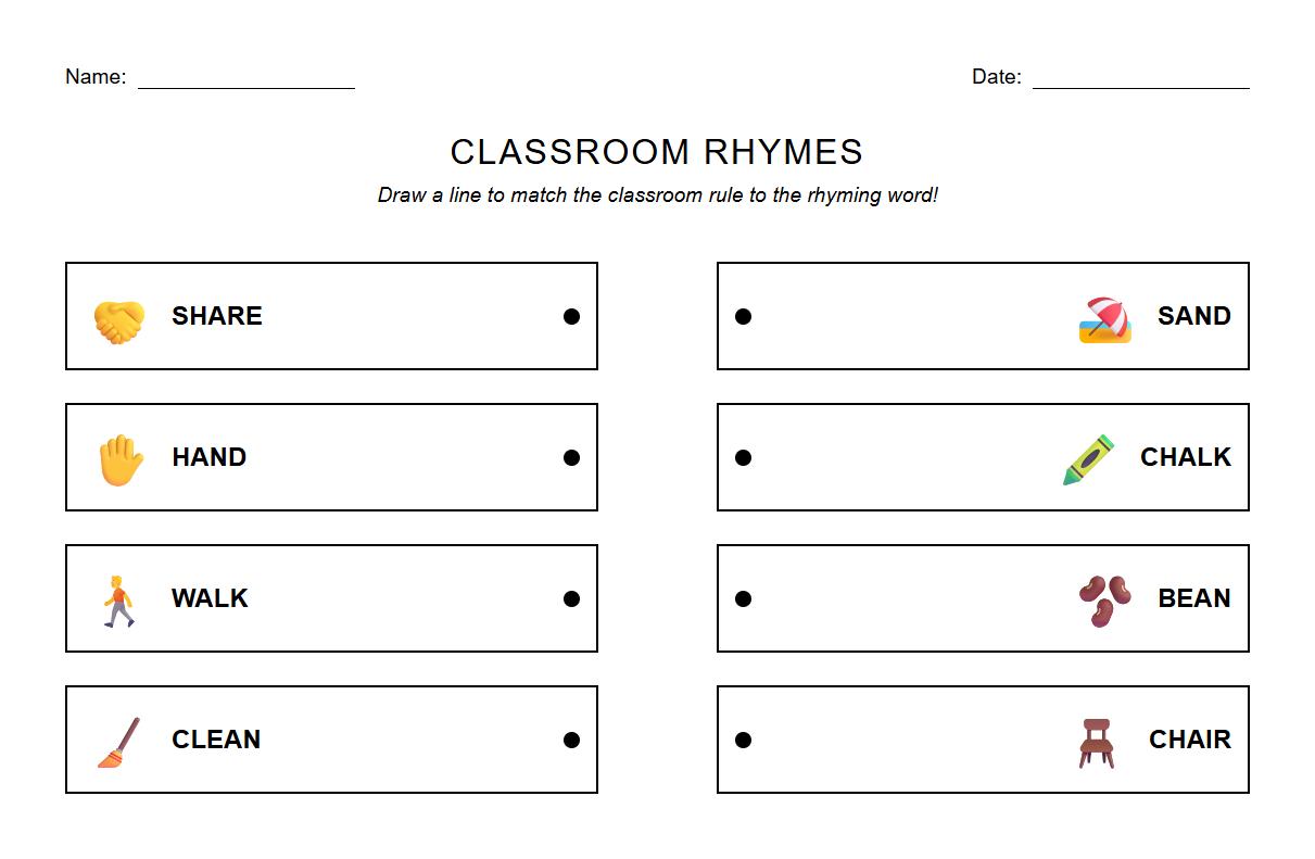 Rhyming words activity using classroom expectations
