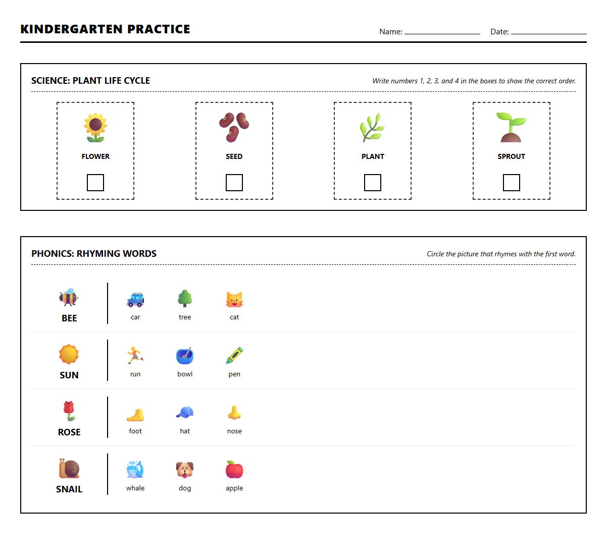 Rhyming Words Phonics Practice with Plant Growth Stage Ordering