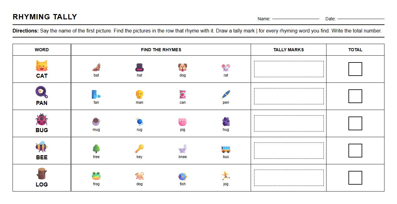 Rhyming Words Phonics Tally Activity