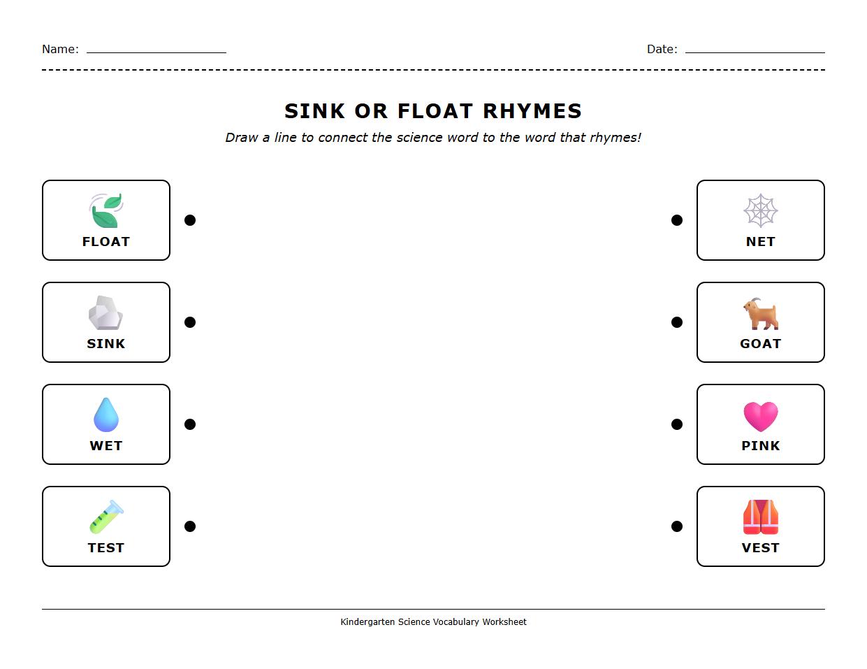 Rhyming Words with Scientific Vocabulary in Sink or Float Activity Worksheet