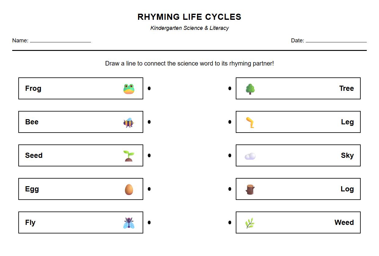 Rhyming Words Worksheet Featuring Key Life Cycle Terms