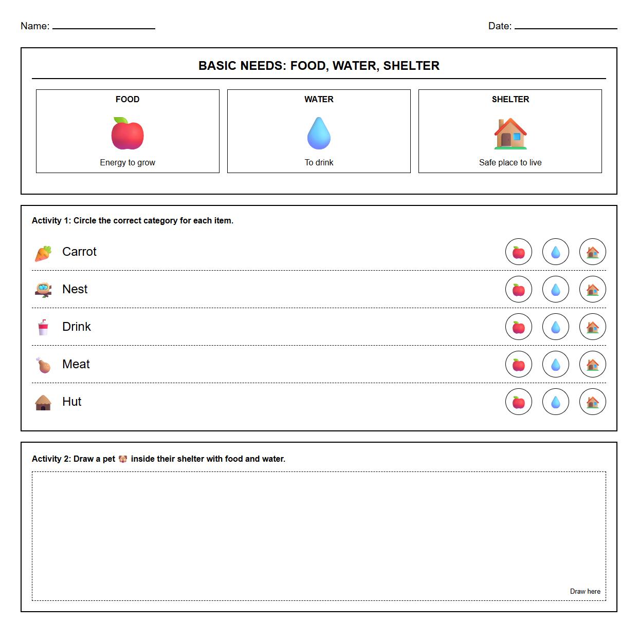 Science Diagram Sheets for Food Water Shelter Illustration