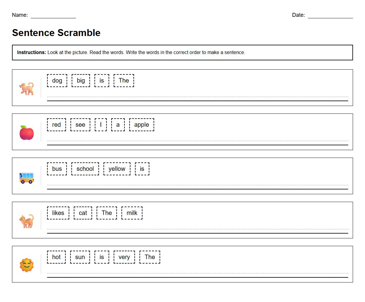 Sequencing Words to Form Sentences Worksheet