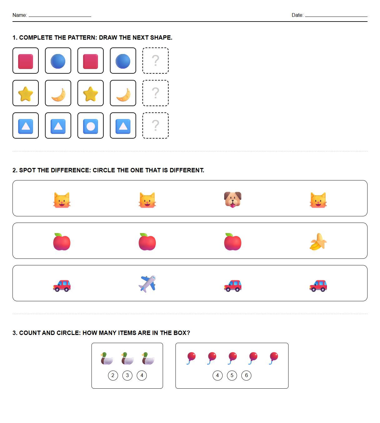 Shape and pattern analysis worksheet with Spot the Difference puzzles