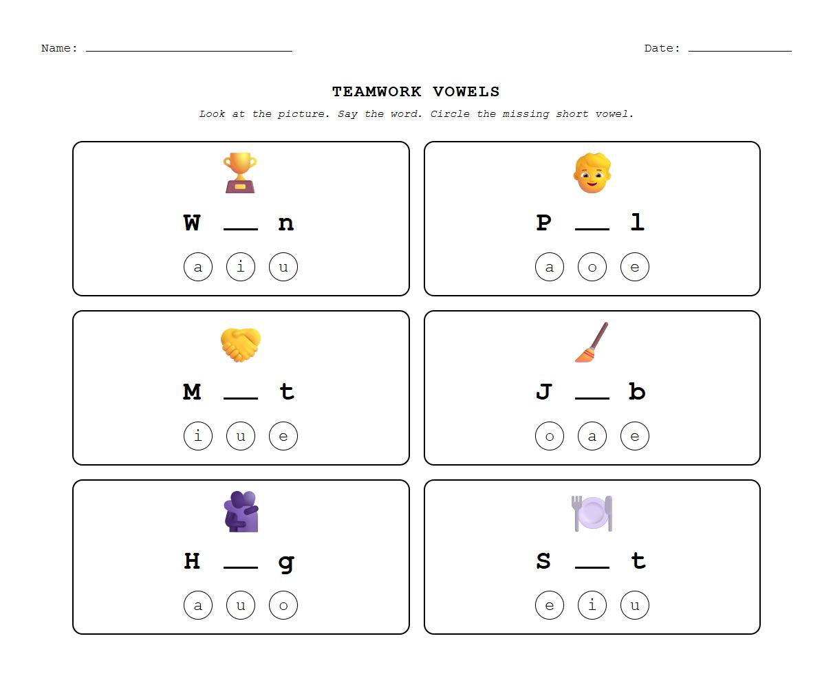 Short vowel discrimination with words related to teamwork