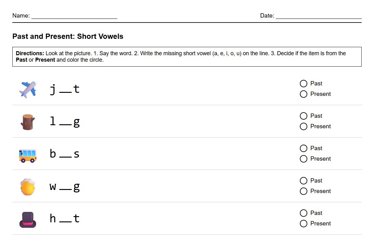 Short Vowel Sound Discrimination in Past versus Present Worksheet