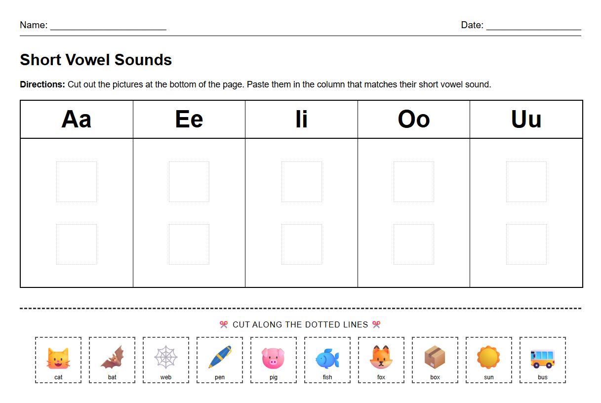 Short Vowel Sounds Cut and Paste Exercise