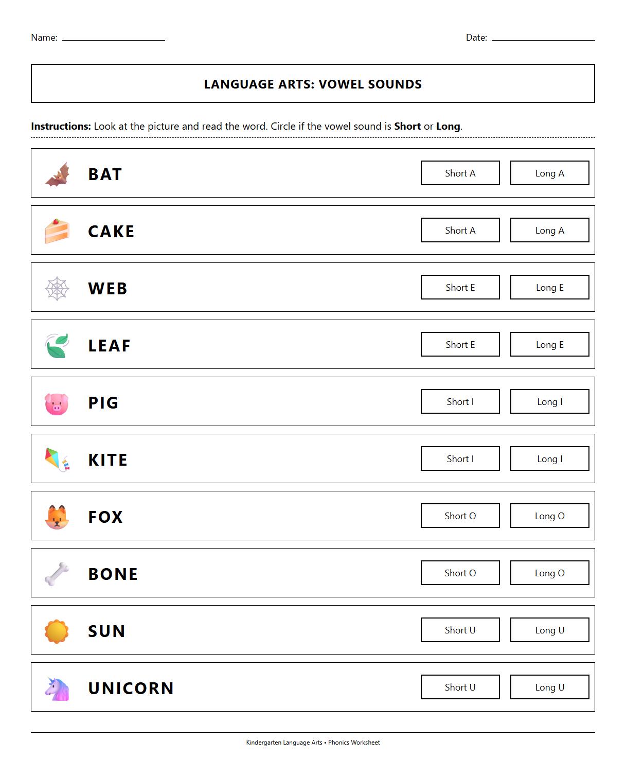 Short vs Long Vowel Matching Exercise
