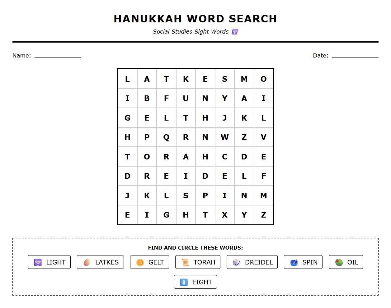 Sight Word Search for Hanukkah with Festive Word List