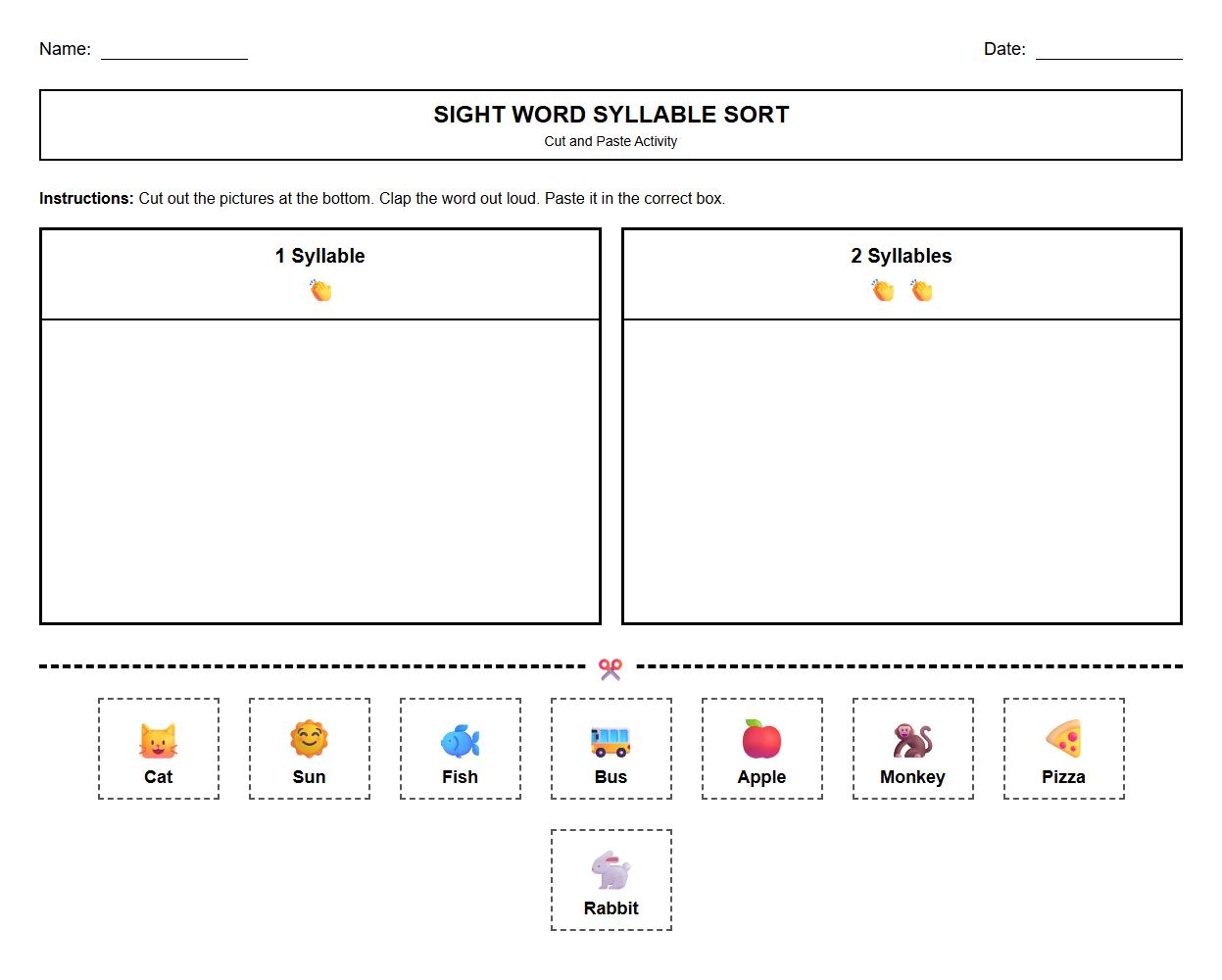 Sight Word Syllable Sorting Cut and Paste