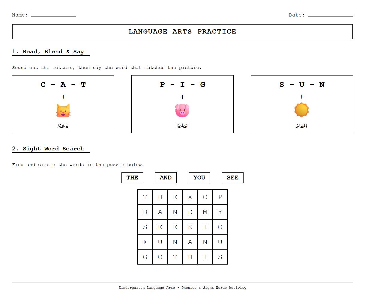 Sight Words Word Search with Phonics Blending Practice