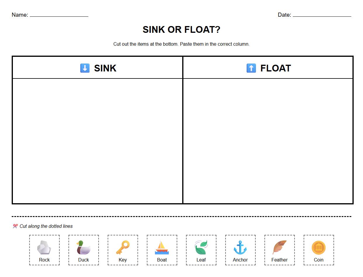 Sink or Float Cut and Paste Sorting Activity Worksheet
