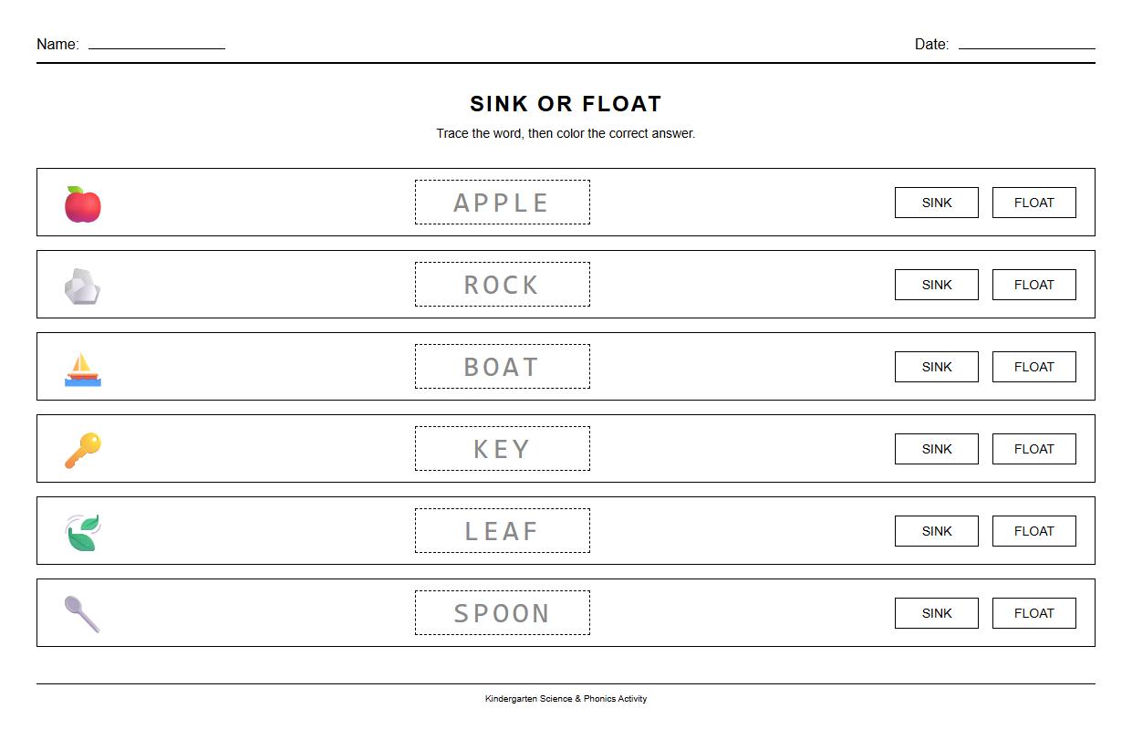 Sink or Float Phonics Vocabulary Matching Worksheet