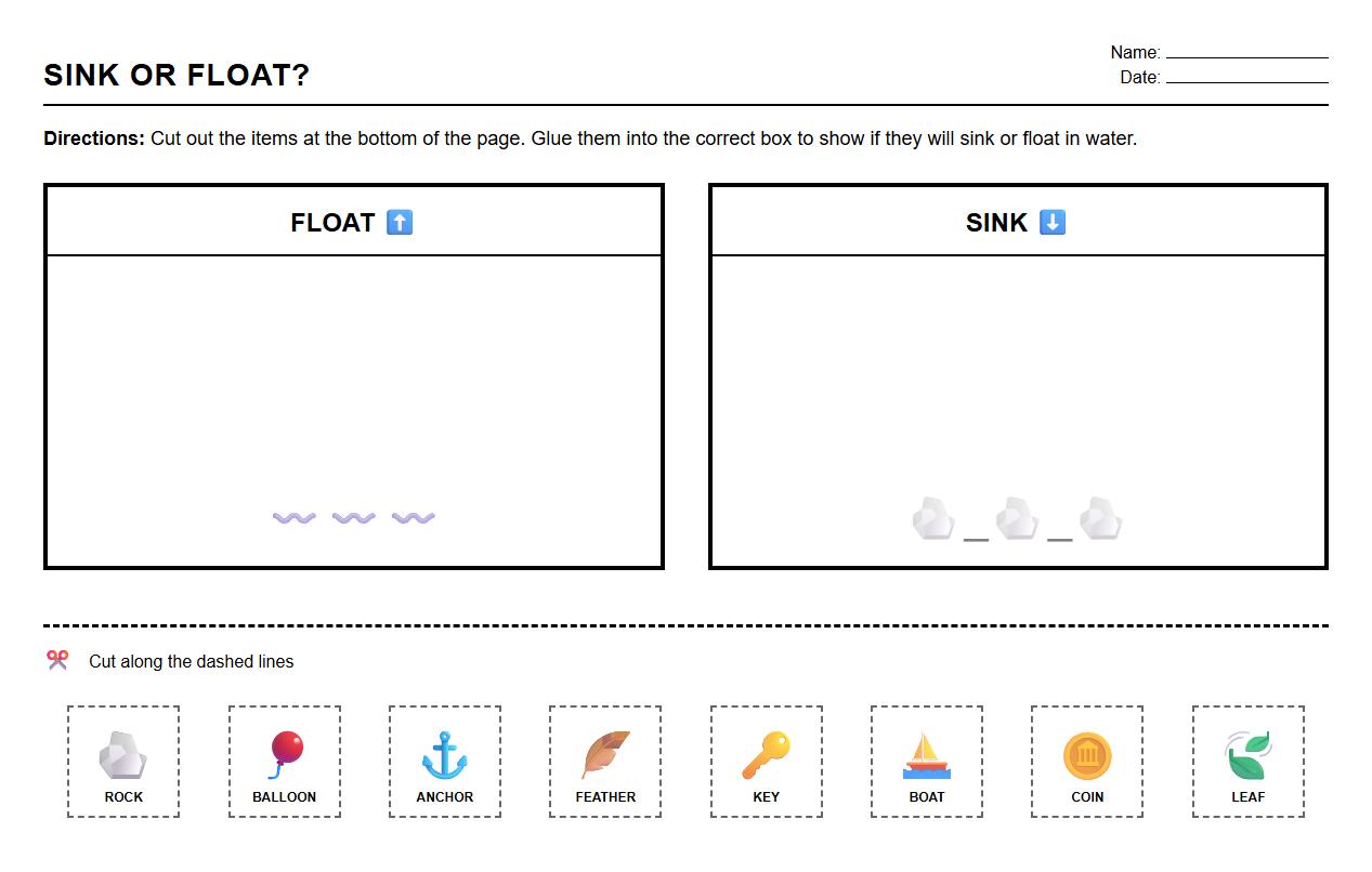 Sink or Float Sorting Worksheet Featuring Everyday Items